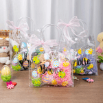 Personalized Pink Bow Ribbon Colorful Easter Eggs Chicks Clear Gift Bag with Name Holiday Treat Packaging Easter Party Favors Gift for Kids