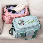 Nom de la fleur de naissance personnalisée en pierres précieuses Sac de week-end imperméable avec bandoulière Accessoires de voyage Cadeau d'anniversaire pour les femmes et les filles