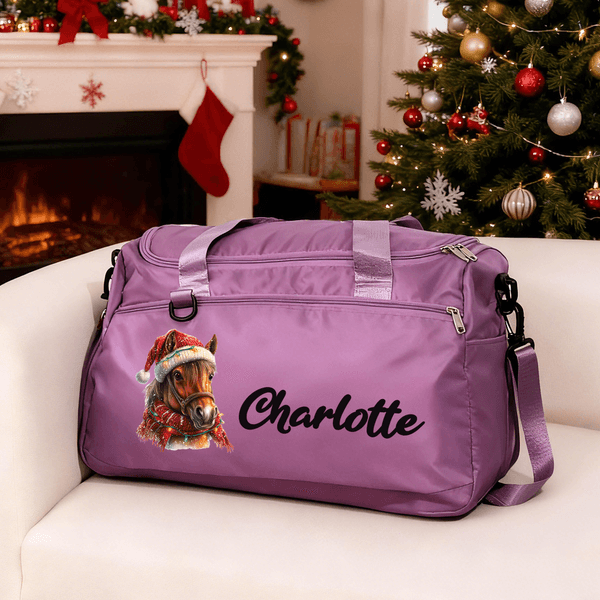 Personalised Christmas Horse Multi-Compartment Waterproof Oxford Travel Bag with Name and Shoulder Strap Christmas Gift for Equestrian Lovers