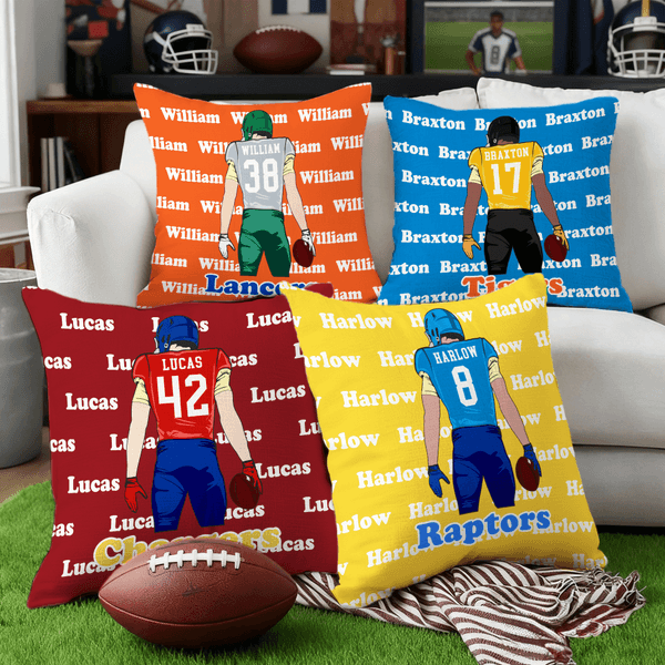 Personalized Cartoon Football Character Throw Pillow Cover with Name and Number Home Decor Birthday Match Day Gift for Boys Football Sports Lovers