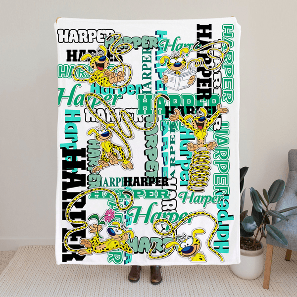 Personalized Cute Long-Tailed Marsupilami Soft Throw Name Blanket Home Decor Birthday Gift for Kids | Callie × Marsupilami®