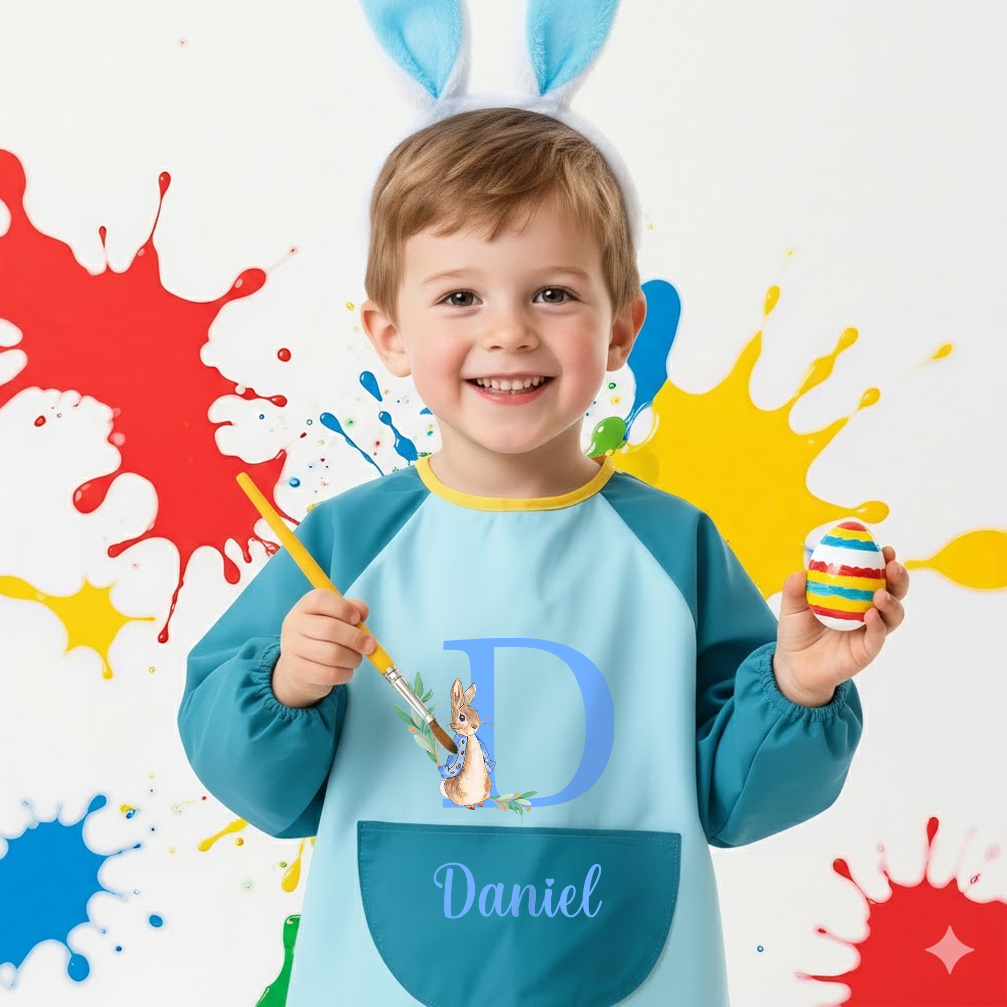 Tablier enfant imperméable à manches longues avec initiales et nom Cuisine Peinture Activités manuelles Cadeau de Pâques pour enfants