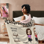 Personalised To My Badass Sister Leopard Print Cartoon Character Soft Hooded Blanket with Name Home Decor Birthday Christmas Gift for Besties