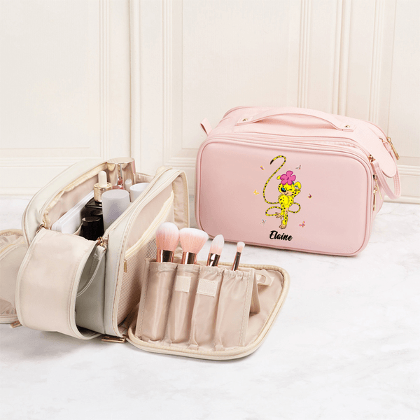 Personalized Cute Long-Tailed Leopard Marsupilami Large PU Leather Makeup Bag with Makeup Brush Holder Birthday Gift for Women | Callie × Marsupilami®