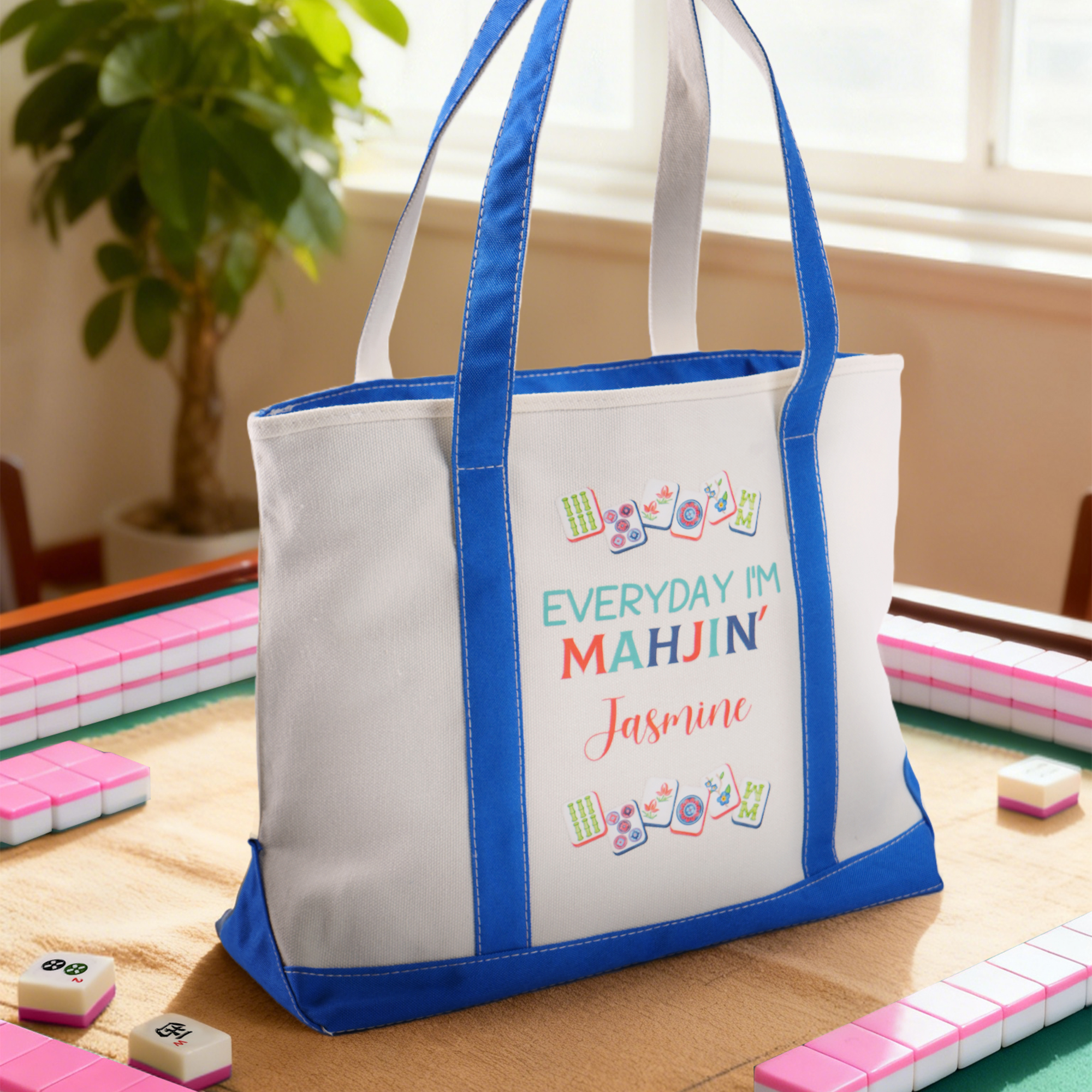 Personalizzato Mahjong Design Multicolore Canvas Tote Bag con nome Mahjong Club Regalo di compleanno per la famiglia amico giocatore di Mahjong