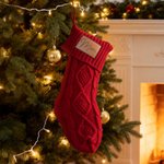 Personalized Rustic Leather Patch Knitted Christmas Stocking with Name Fireplace Holiday Party Decor Festival Gift for Family Kids