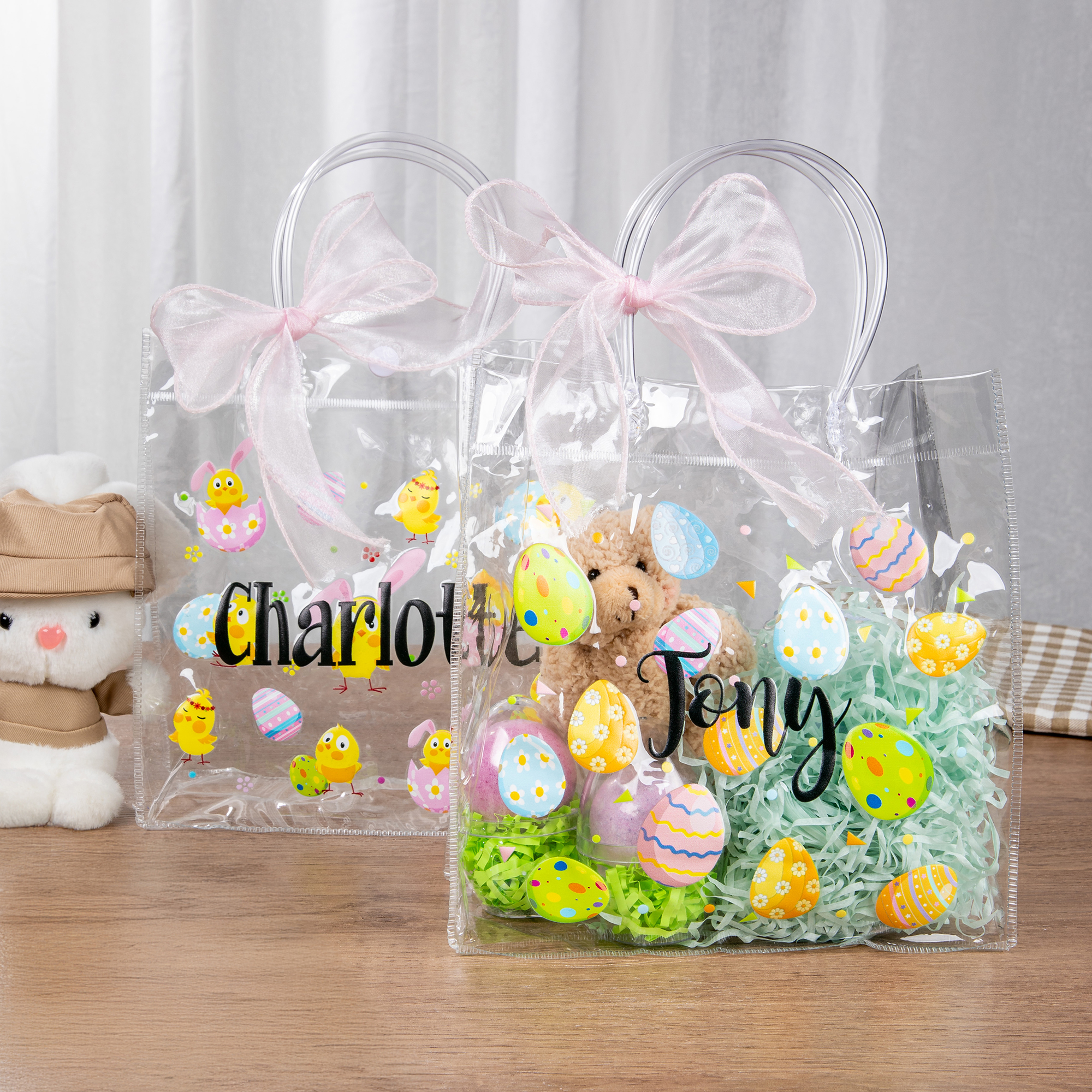 Sac cadeau transparent avec nom pour les oeufs de Pâques avec noeud rose personnalisé Emballage de friandises pour la fête de Pâques Cadeau pour les enfants