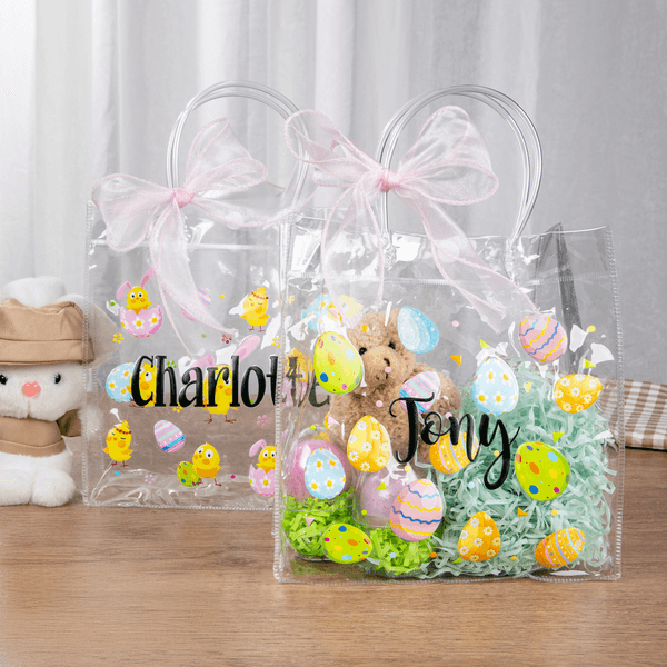 Personalized Pink Bow Ribbon Colorful Easter Eggs Chicks Clear Gift Bag with Name Holiday Treat Packaging Easter Party Favors Gift for Kids