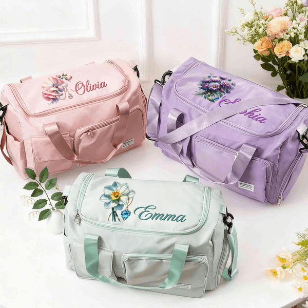 Nom de la fleur de naissance personnalisée en pierres précieuses Sac de week-end imperméable avec bandoulière Accessoires de voyage Cadeau d'anniversaire pour les femmes et les filles