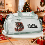 Personalised Christmas Horse Multi-Compartment Waterproof Oxford Travel Bag with Name and Shoulder Strap Christmas Gift for Equestrian Lovers
