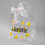 Personalized Pink Bow Ribbon Colorful Easter Eggs Chicks Clear Gift Bag with Name Holiday Treat Packaging Easter Party Favors Gift for Kids