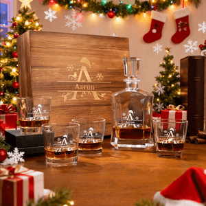 Personalized Christmas Theme Whiskey Decanter Glass Wooden Storage Box Set with Name and Initial Christmas Gift for Men Whiskey Lovers