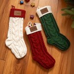 Personalized Rustic Leather Patch Knitted Christmas Stocking with Name Fireplace Holiday Party Decor Festival Gift for Family Kids