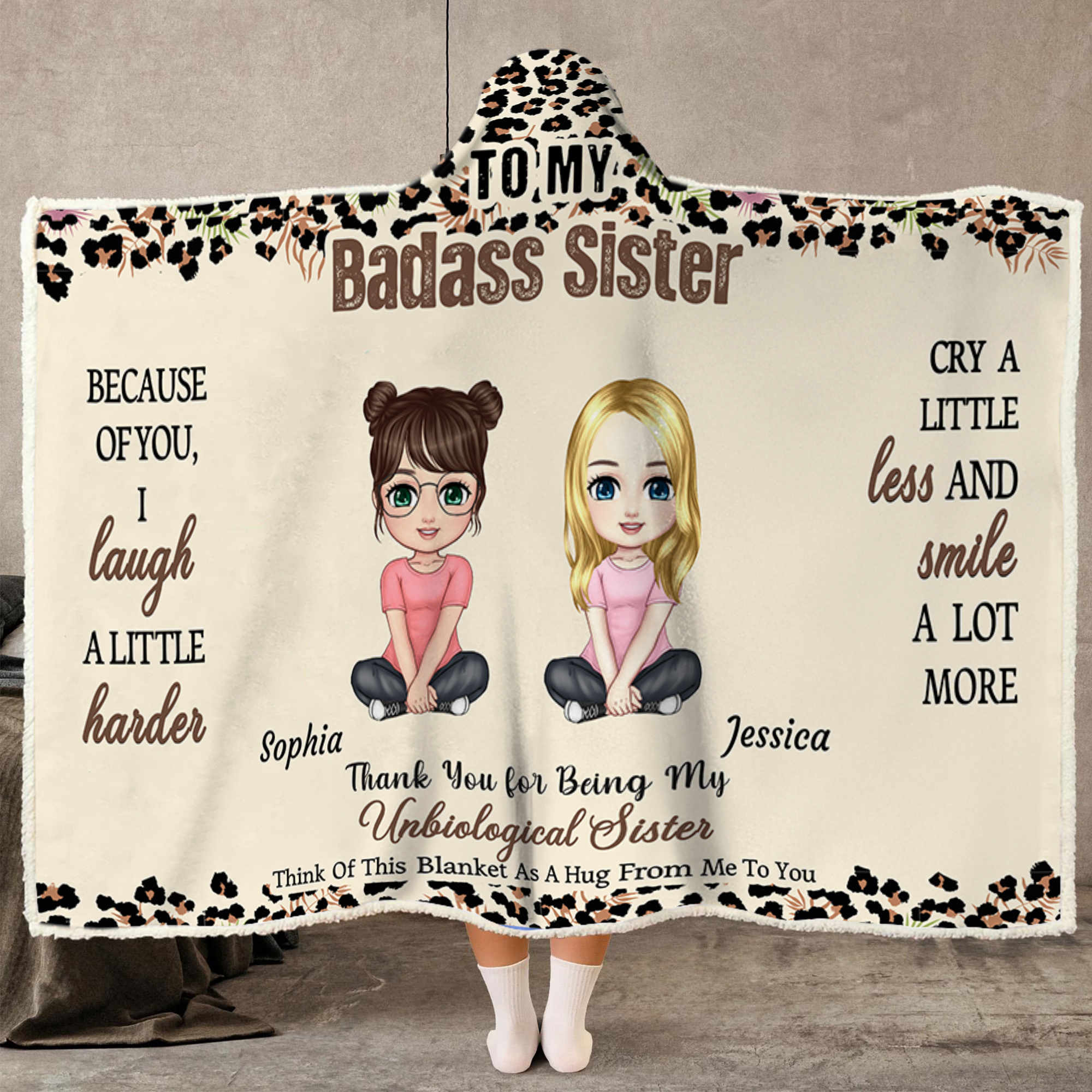 Couverture à capuche personnalisée avec nom pour ma soeur Badass, personnage de dessin animé imprimé léopard, décoration d'intérieur, cadeau d'anniversaire et de Noël pour les amies.