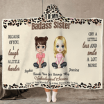 Personalised To My Badass Sister Leopard Print Cartoon Character Soft Hooded Blanket with Name Home Decor Birthday Christmas Gift for Besties