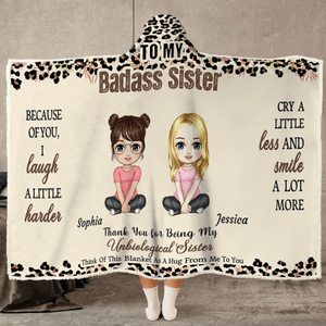 Personalized To My Badass Sister Leopard Print Cartoon Character Soft Hooded Blanket with Name Home Decor Birthday Christmas Gift for Besties