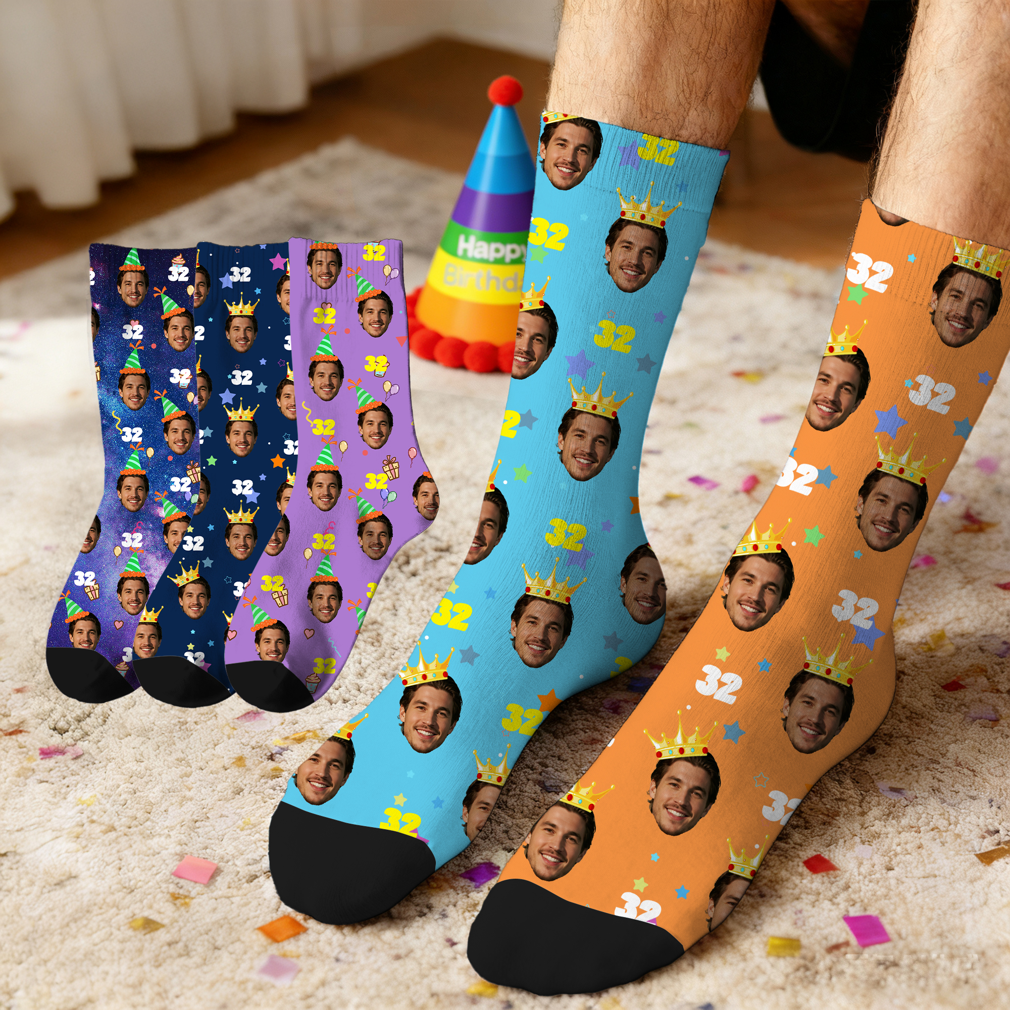 Chaussettes d'anniversaire personnalisées avec photo du visage Chaussettes mi-mollets souples et respirantes avec âge Cadeau d'anniversaire pour la famille et les amis