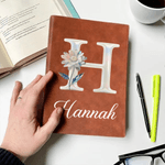 Personalised Birth Flower Initial A5 A6 PU Leather Notebook with Name Birthday Gift for Bookworms Book Lovers