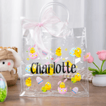 Personalized Pink Bow Ribbon Colorful Easter Eggs Chicks Clear Gift Bag with Name Holiday Treat Packaging Easter Party Favors Gift for Kids