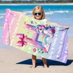 Personalised Fantasy Unicorn Initial Number Quick Dry Oversized Beach Towel with Name Beach Party Holiday Gift for Kid Family