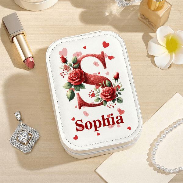 Personalized Red Rose Initial PU Leather Jewelry Box with Name and Adjustable Three-Color LED Mirror Birthday Gift for Women