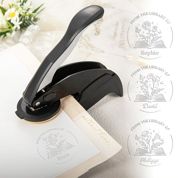Personalised Birth Flower From The Library of Book Embosser Stamp Hand Held Embosser Set with Text and Name Birthday Gift for Book Lovers