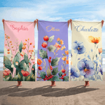 Personalized Watercolor Birth Flower Quick-Dry Microfiber Beach Towel with Name Beach Party Birthday Gift for Girls