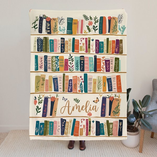 Personalized Artistic Retro Bookshelf Wildflower Soft Throw Blanket with Name Birthday Gift for Women Book Lovers Bookworms