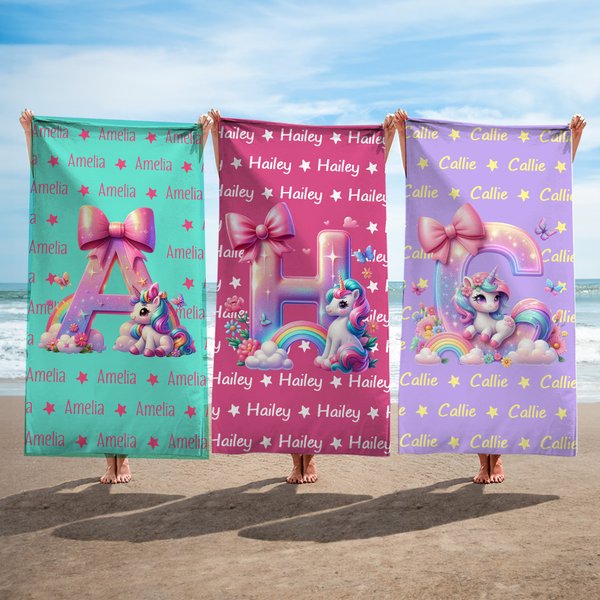 Personalized Fantasy Unicorn Initial Number Quick Dry Oversized Beach Towel with Name Beach Party Holiday Gift for Kid Family
