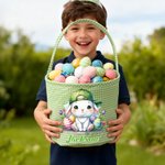 Personalised Cartoon Cute Bunny Chick Reusable Easter Plaid Basket with Name Easter Egg Hunt Easter Party Gift for Kids