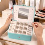 Personalisierte Double-Layer-Geburt Blume PU-Leder-Schmuck-Box mit Namen Make-up-Spiegel Geburtstag Valentinstag Geschenk für Frauen Mädchen