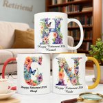Personalised Watercolour Butterfly Floral Initial Design Ceramic Coffee Mug with Name and Year Daily Use Retirement Gift for Woman Retiree