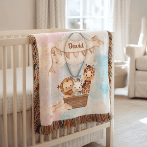 Personalised Watercolor Balloon Animal Soft Tassel Blanket with Name Home Decor Birthday Gift for Kids Family