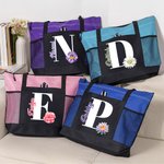 Personalized Birth Flower Initial Large Tote Bag with Name and Mesh Pockets Daily Use Travel Birthday Gift for Women
