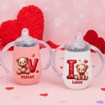 Personalized Cute Heart Bear 10 oz Thermal Insulated Sippy Cup with Name and Initial Birthday Valentine's Day Gift for Children