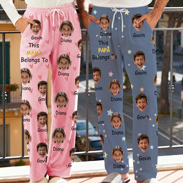 Personalised This Belongs To 1-6 Face Photos Fleece Pyjama Pants with Name and Pocket Daily Wear Birthday Anniversary Gift for Family Friends