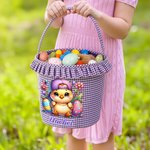 Personalised Cartoon Cute Bunny Chick Reusable Easter Plaid Basket with Name Easter Egg Hunt Easter Party Gift for Kids
