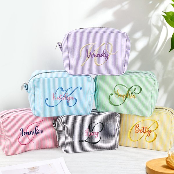 Personalizada Bordado Nombre Inicial Rayas Multicolor Bolsa de Maquillaje Diario Viaje Cumpleaños Aniversario Boda Regalo para Mujeres