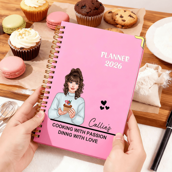Personalised Heart Cartoon Cooking Character 2026 Planner Spiral A5 Notebook with Weekly Monthly Planner Pages Birthday Gift for Chef