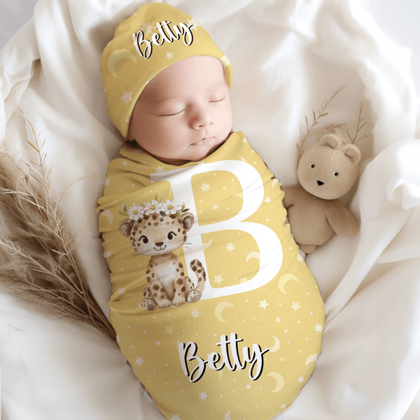 Personalized Flower Wreath Animals 100% Cotton Swaddle Blanket and Hat Set with Name Birthday Baby Shower Gift for Newborns Babies