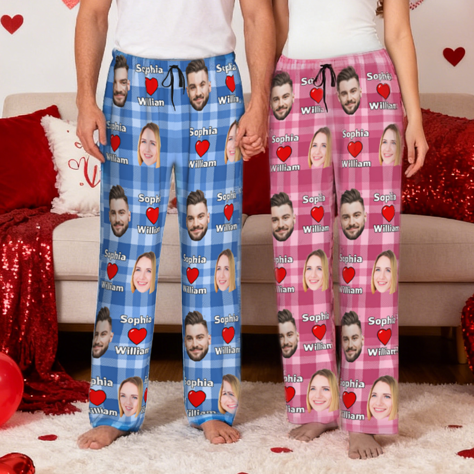 Personalized Couples Portrait Photos Long Pajama Pants with Name and Drawstring Valentine's Day Birthday Gift for Women Men Couples (跨库复制)