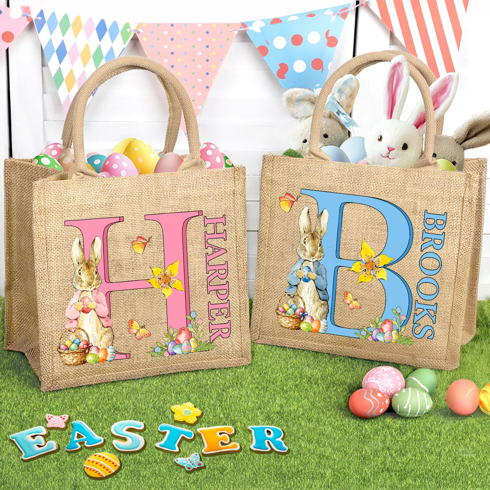 Sac en toile de jute avec nom et initiale Cadeau de Pâques pour les enfants