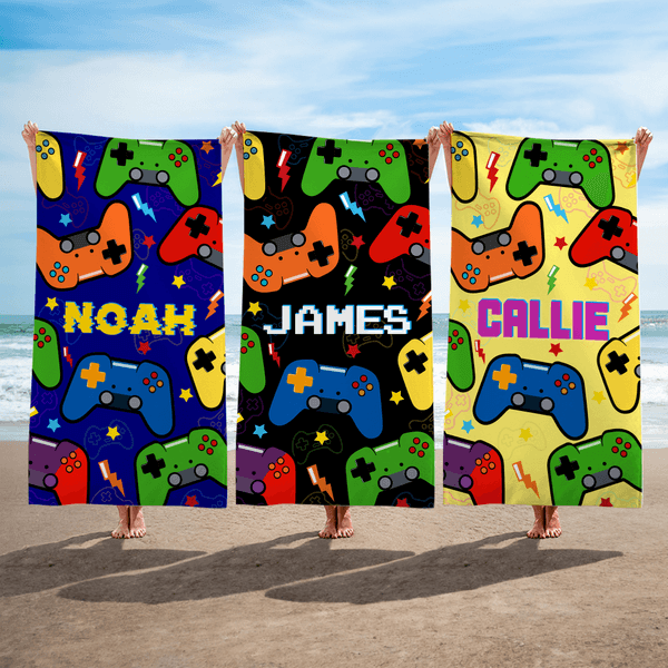 Personalised Multicolour Gamepad Soft Quick Dry Beach Towel with Name Travel Essential Summer Holiday Birthday Gift for Game Lovers