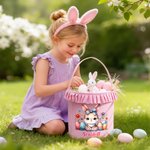 Personalised Cartoon Cute Bunny Chick Reusable Easter Plaid Basket with Name Easter Egg Hunt Easter Party Gift for Kids