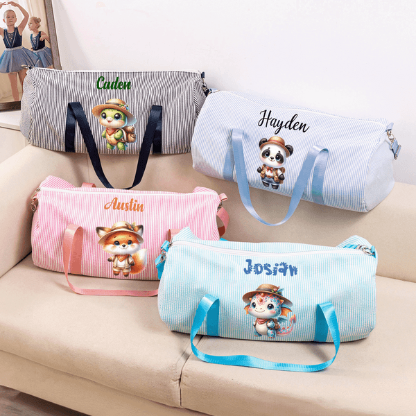 Personalized Cartoon Traveling Animals Travel Duffel Bag with Name and Shoulder Strap Daily Use Birthday Gift for Kid Teenager Student