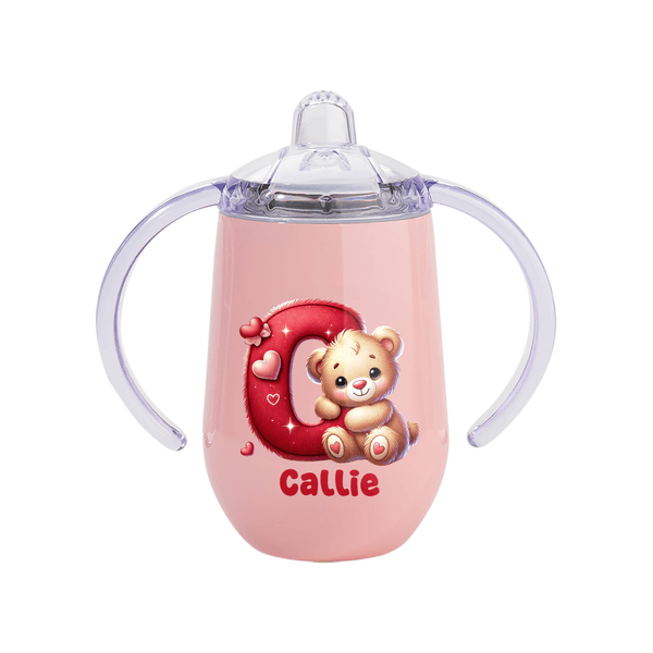 Personalized Cute Heart Bear 10 oz Thermal Insulated Sippy Cup with Name and Initial Birthday Valentine's Day Gift for Children
