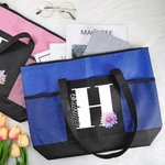 Personalized Birth Flower Initial Large Tote Bag with Name and Mesh Pockets Daily Use Travel Birthday Gift for Women