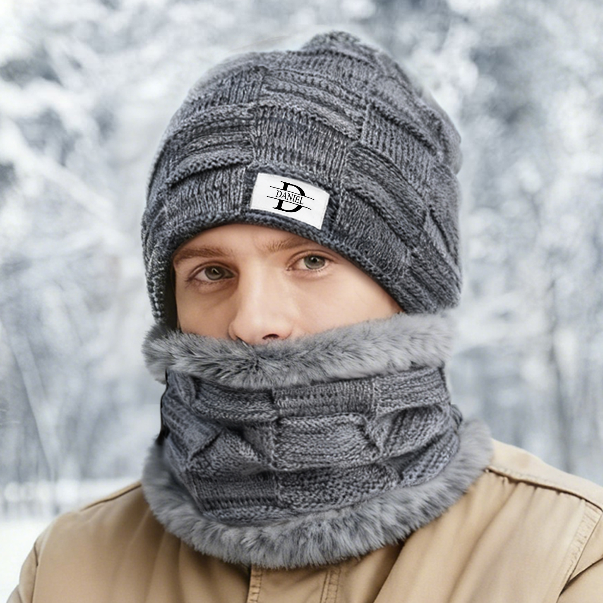 Ensemble bonnet et cache-cou personnalisé avec nom et initiale Accessoire d'activité en plein air Cadeau d'anniversaire pour hommes femmes
