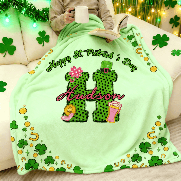 Personalized Shamrock Initial Soft Throw Blanket with Name Home Decor St. Patrick's Day Gift for Family Friends