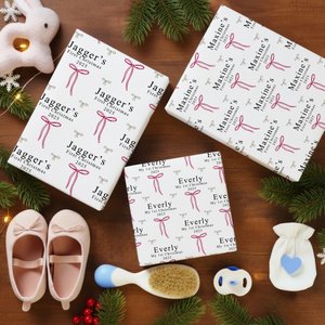Personalised Bow Wrapping Paper Set of 3 with Name and Year and Text Baby's 1st Christmas DIY Craft Packaging Gift for New Parents
